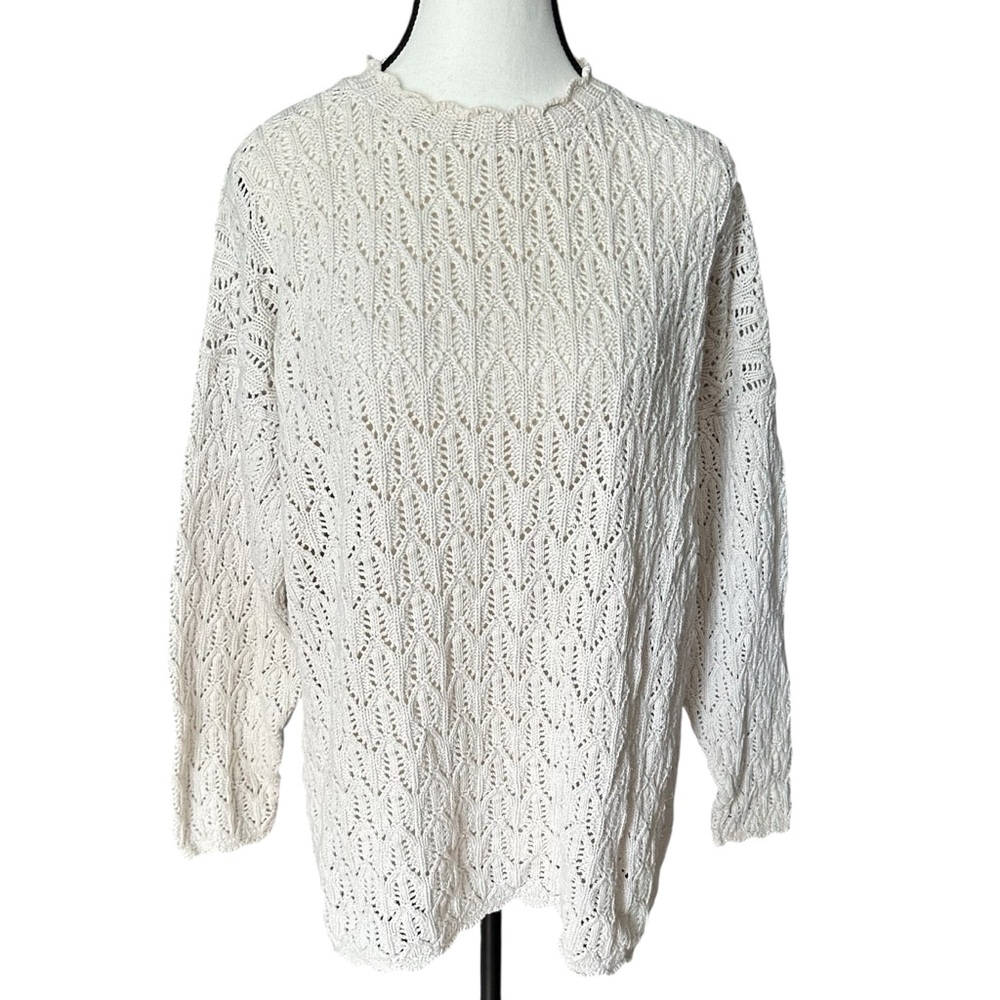 Vintage Boho Cottagecore Whimsical Cream Open Knit Scalloped Sweater